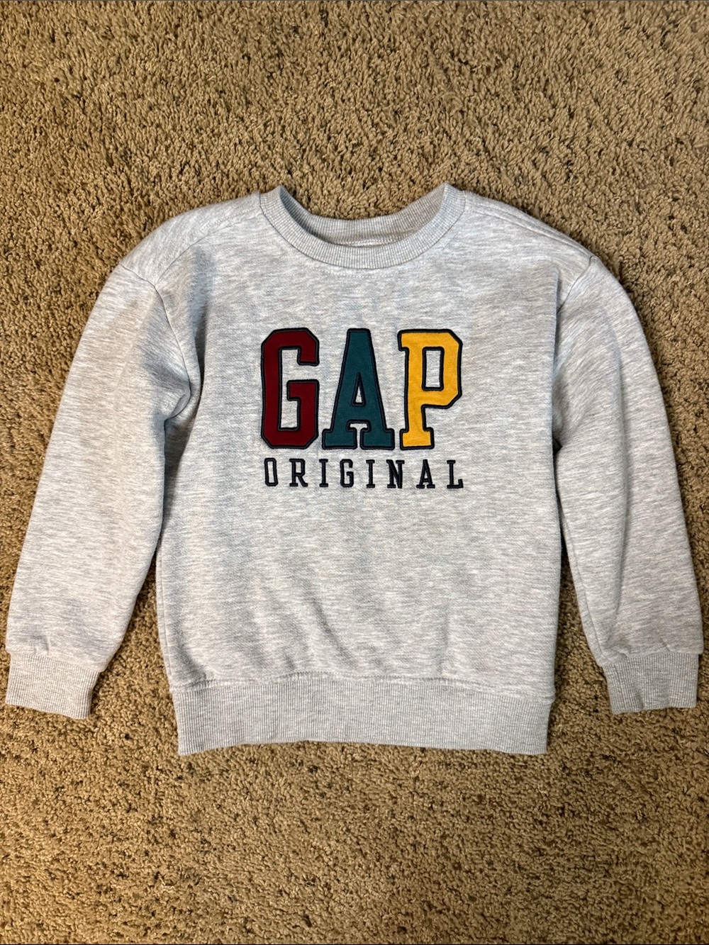 GAP Heather Gray Sweatshirt with Red, Teal & Yellow Logo